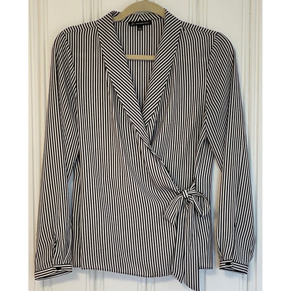 Adrianna Papell women's blouse wrap black white striped minimalist shirt Medium